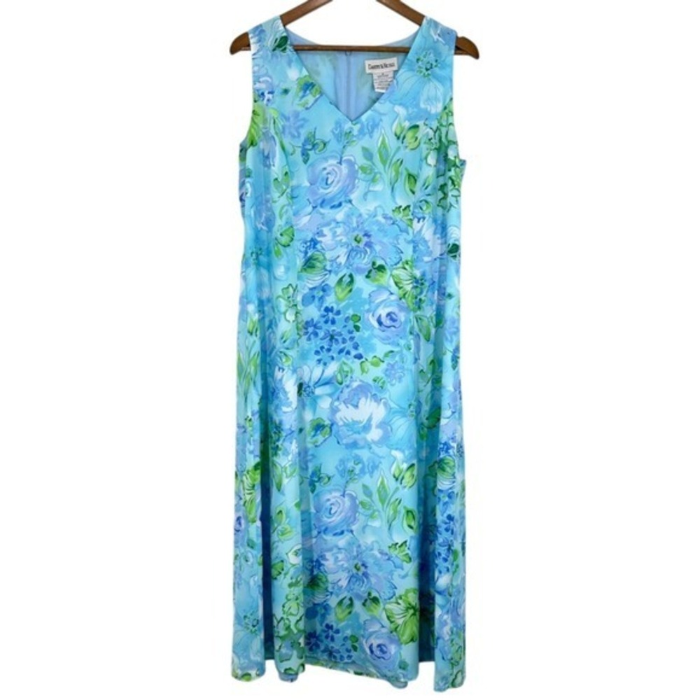 Vintage 90s Floral Maxi Dress V Neck Sleeveless Blue Green Womens Size 16